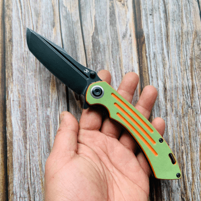 Kansept Pretatout Black Stonewashed 154CM Green and Orange G10 T1032T2 - KNIFESTOCK