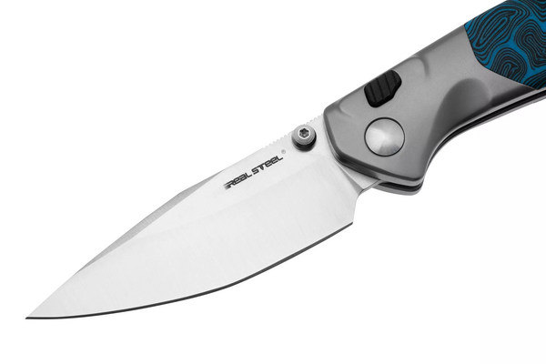 Real Steel Hoeft | Satin | Silver Titanium &amp; Blue Damascus G10 RE-7901DB - KNIFESTOCK
