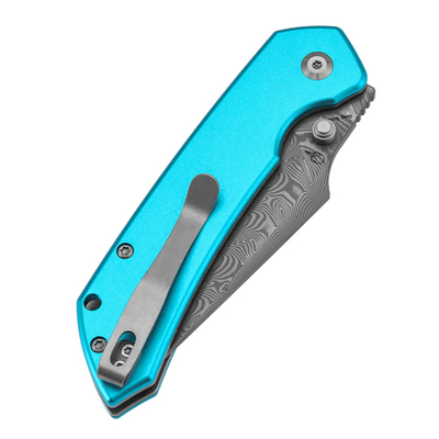 Tenable Knives Fenrir Damascus,Blue Anodized Aluminum+  Fishscale B1034H8 - KNIFESTOCK