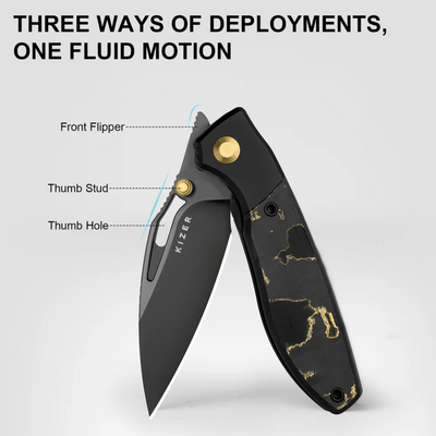 Kizer Shrike S45VN,Matte DLC Ultra,Titanium &amp; Fat Carbon® Camo Gold - KNIFESTOCK