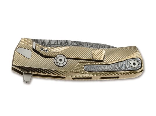 Lionsteel Solid Titanium knife, RotoBlock, Damascus Blade+Clip, TI GOLD  with FLIPPER ROK DD GL - KNIFESTOCK