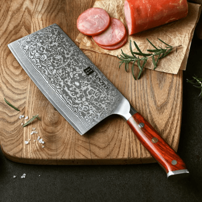 XINZUO B13R 7 hüvelykes kínai bárd természetes rózsafával, hármas szegecsekkel, 67 rétegű damaszkusz - KNIFESTOCK