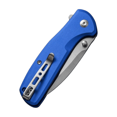 SENCUT Bright Blue Aluminum Handle Satin Finished 9Cr18MoV Blade Button Lock S22043B-3 - KNIFESTOCK