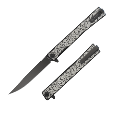 Ocaso Solstice Engraved Titanium + Black / Scroll Pattern 10ESB - KNIFESTOCK