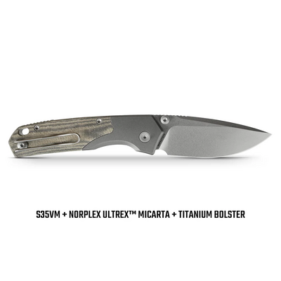 Vosteed Psyop 302 S35VN Stonewash, Zöld Norplex UltreX™ Micarta &amp; Titán Bolster - KNIFESTOCK