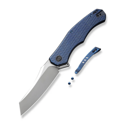 WE Blue Titanium Handle With Blue Diamond Pattern On Presentation Handle Polished Bead Blasted CPM 2 - KNIFESTOCK