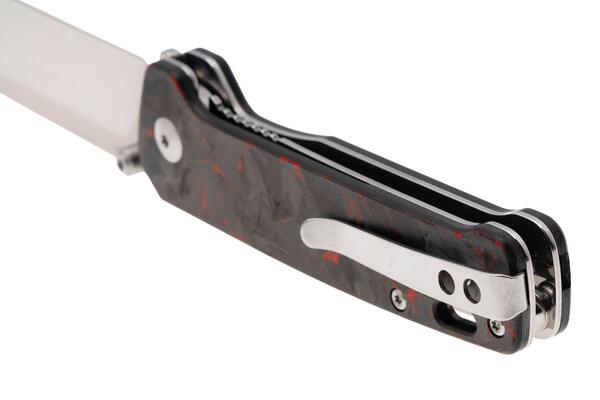 QPS Penguin V2 D2, 2-Ton-Finish Stonewash - Satin, Griff: Roter zerkleinerter CF über - KNIFESTOCK