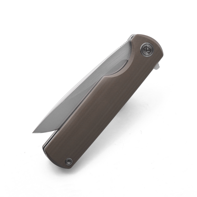Miguron Knives Talism D2 blade,steel liner lock,Tan G10 handle,steel pocket clip - KNIFESTOCK