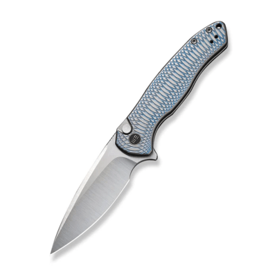 We Knife Button Lock Kitefin Blue Polished Ripple Patterned Gray Titanium Handle WE19002M-3 - KNIFESTOCK