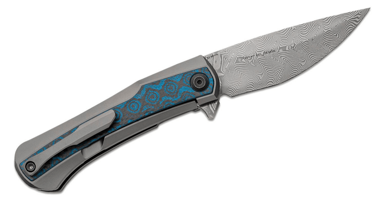 Kansept Kratos Damascus Blade Gray Anodized Titanium Handle + Blue Rose Pattern Carbon Fiber Inlay K - KNIFESTOCK