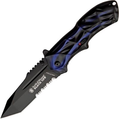 Smith and Wesson Black Ops 3 met blauwe handgreep, met 40% gekarteld tanto lemmet - KNIFESTOCK
