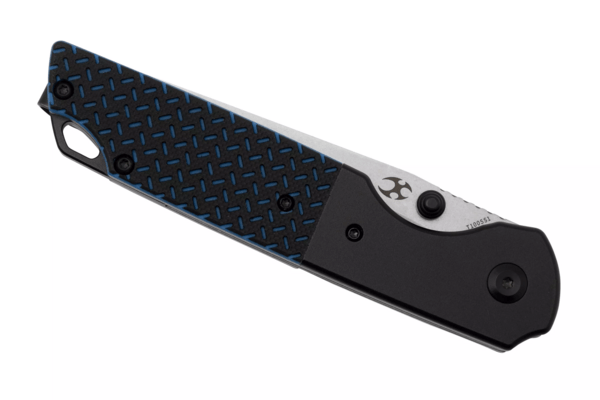 Kansept Warrior Stonewashed Drop Point D2 Blade Black Anodized Aluminum Bolster + Black and Blue G10 - KNIFESTOCK