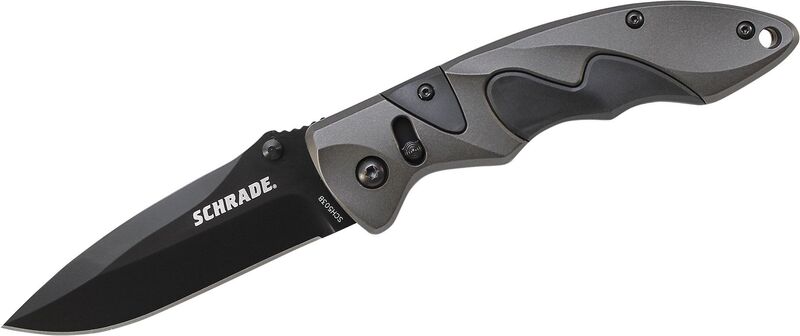 Schrade Zwart AUS-8 Lemmet, AK Kleur Aluminium Handvat met Zwarte Inzetstukken, Duimstuds, Sure-Lock - KNIFESTOCK