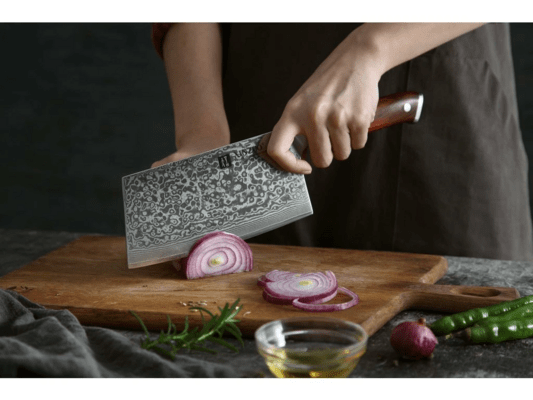 XINZUO B13R 7 hüvelykes kínai bárd természetes rózsafával, hármas szegecsekkel, 67 rétegű damaszkusz - KNIFESTOCK