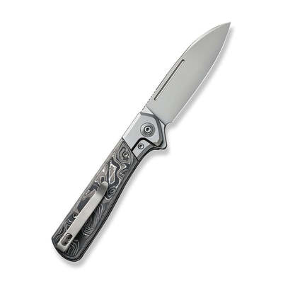 WE Soothsayer Gray Titanium Handle With Aluminum Foil Carbon Fiber Inlay Silver Bead Blasted CPM 20C - KNIFESTOCK