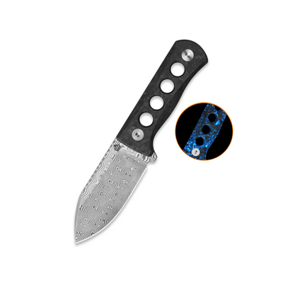QSP Knife Canary Neck Knife  Laminated Damascus,  Blue  shredded CF QS141-L - KNIFESTOCK
