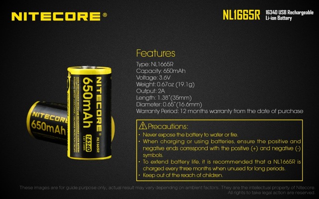 NITECORE NL1665R Rechargeable 16340 Battery 650 mAh - KNIFESTOCK