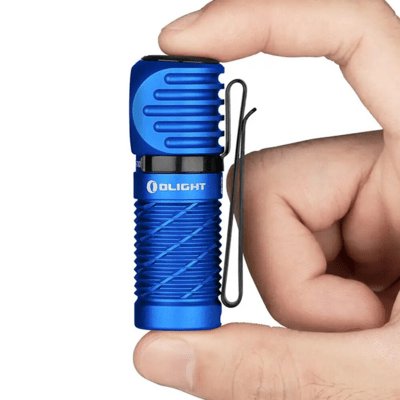 Olight Perun 2 Mini Rechargeable LED Flashlight (Blue) with Headlamp Headband - KNIFESTOCK