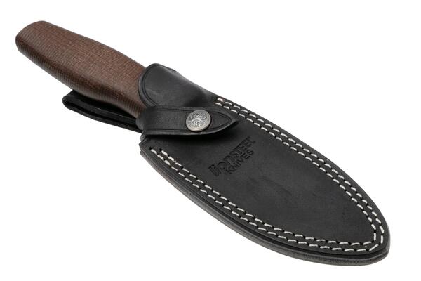 Lion Steel Feststehendes Messer M390 SCHWARZE Klinge, NATÜRLICHES Burlap, Ti-Parierstange, Ledersche - KNIFESTOCK