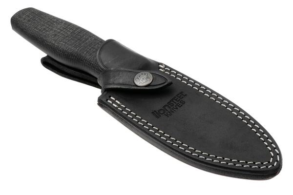 Lion Steel Feststehendes Messer M390 SCHWARZE Klinge, SCHWARZES Burlap, Ti-Parierstange, Lederscheid - KNIFESTOCK