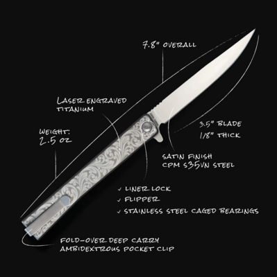 Ocaso Solstice Engraved Titanium + Satin / Scroll Pattern 10ESS - KNIFESTOCK