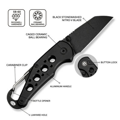 CIVIVI Black Aluminum HandleWith S/S Carabiner And Bottle OpenerBlack Stonewas - KNIFESTOCK