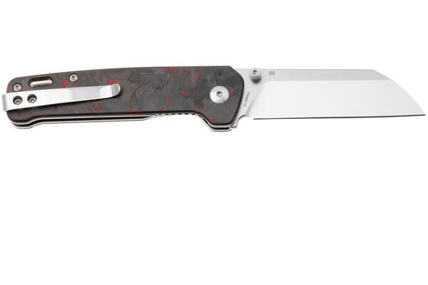 QPS Penguin V2 D2, 2-Ton-Finish Stonewash - Satin, Griff: Roter zerkleinerter CF über - KNIFESTOCK