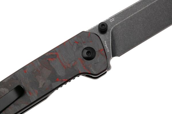 QPS Penguin V2 D2, schwarzer Stonewash, Griff: Roter geschredderter CF-Overlay G10 QS130V2- - KNIFESTOCK