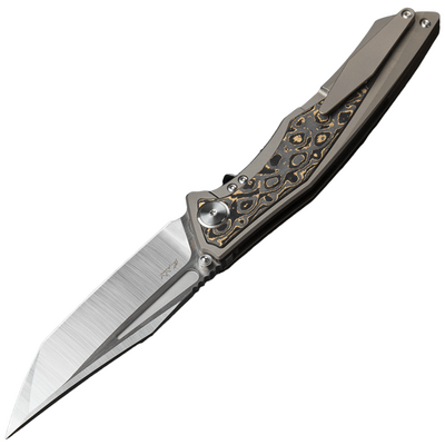 Bestech TOGATTA M390, Satin+flat satin, Titanium +Damascus copper carbon fiber inlay , Light Bronze - KNIFESTOCK