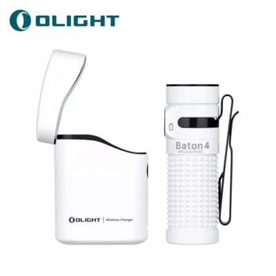 Latarka Olight Baton 4 Premium Edition z bezprzewodowym etui ładującym (biała, 1300 lumenów) - KNIFESTOCK