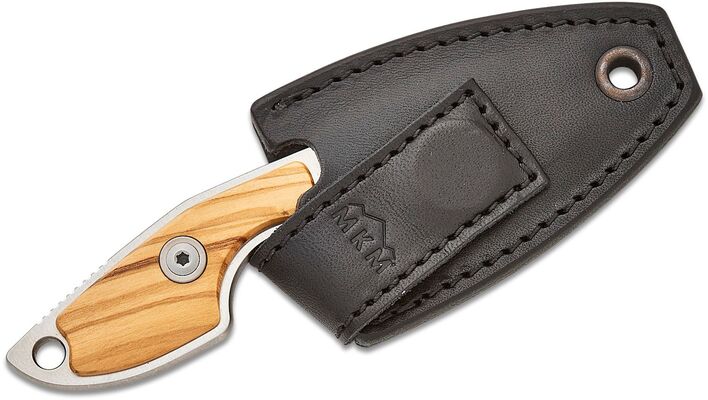 MKM MIKRO 1 – M390 SATIN DROP POINT Fixed bld, OLIVE WOOD hdl, +POCKET LEATHER SHEATH MK MR01-O - KNIFESTOCK