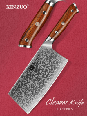 XINZUO B13R 7 hüvelykes kínai bárd természetes rózsafával, hármas szegecsekkel, 67 rétegű damaszkusz - KNIFESTOCK