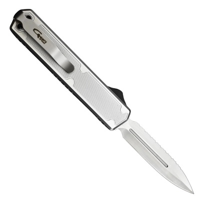 Golgoth G11BS6 Silver. Couteau automatique OTF lame double tranchant avec serrations en acier D2 man - KNIFESTOCK