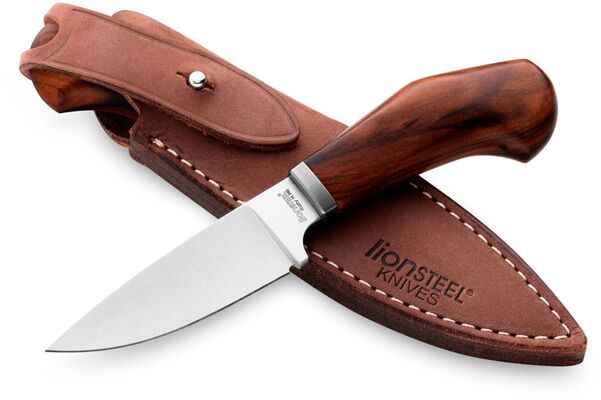 Lionsteel Fixed knife m390 blade SANTOS wood andle, Ti guard, leather sheath WL1  ST - KNIFESTOCK