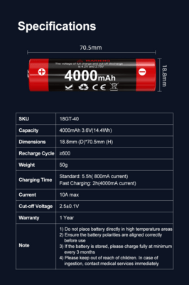 KLARUS 18650 Lithium Battery 18GT-40 - KNIFESTOCK