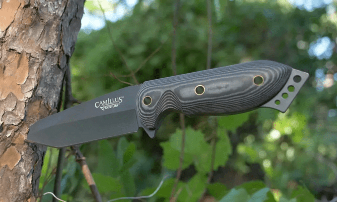 CAMILLUS 7.75” FIXED BLADE KNIFE / TANTO BLADE / AUS-8 / BLACK MICARTA HANDLE / NYLON SHEATH CAM-185 - KNIFESTOCK