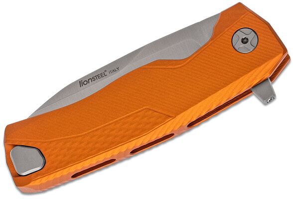 Lionsteel ROK ORANGE Aluminum knife, RotoBlock, satin finish blade M390 ROK A OS - KNIFESTOCK