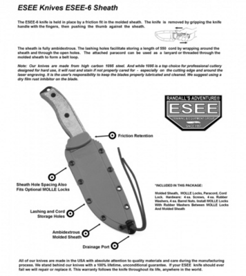 ESEE Knives Model 6 black blade, grey micarta handle, molded sheath - KNIFESTOCK