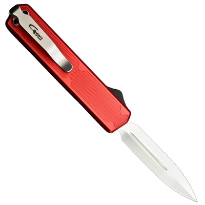 Golgoth G11BS3 Rouge. Couteau automatique OTF lame double tranchant avec serrations en acier D2 manc - KNIFESTOCK