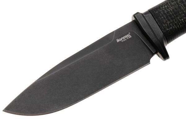 Lion Steel Feststehendes Messer M390 SCHWARZE Klinge, SCHWARZES Burlap, Ti-Parierstange, Lederscheid - KNIFESTOCK
