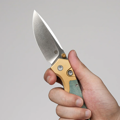 Vosteed Psyop 303 S35VN Satin, Teal Norplex UltreX™ Micarta &amp; Réz Bolster A2221 - KNIFESTOCK