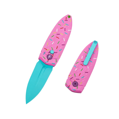 Bestech QUQU 14C28N Blue Painted Aluminum Pink, Printed Sprinkle Pattern Button Lock BG57C-2 - KNIFESTOCK