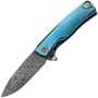 Lionsteel Solid Titanium knife, RotoBlock, Damascus Blade+Clip, Ti BLUE  with FLIPPER ROK DD BL