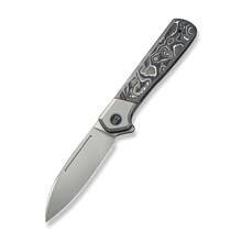 WE Soothsayer Gray Titanium Handle With Aluminum Foil Carbon Fiber Inlay Silver Bead Blasted CPM 20C - KNIFESTOCK
