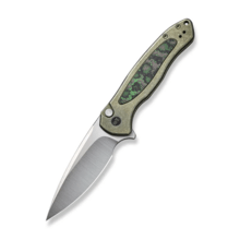 We Knife Button Lock Kitefin Green Titanium Handle With Jungle Wear Fat Carbon Fiber Inlay WE19002N- - KNIFESTOCK