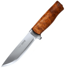 Helle GT Curly birch &amp; aluminum, H3LS blade, brown sheath HE-200036 - KNIFESTOCK
