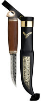 Marttiini Eagle Damascus damascus steel/heat treated curly birch* &amp; bronze/leather/numbered 557012W - KNIFESTOCK